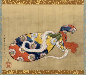 Loutna a bílý had z Bentenu, období Edo, 1847 (tuš a barva na hedvábí) od Katsushika Hokusai