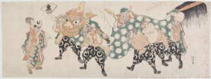 Sedm bohů štěstí v lvím tanci od Katsushika Hokusai