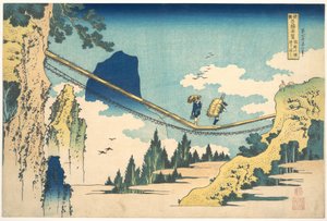 Visutý most na hranici provincií Hida a Etchū (Hietsu no sakai tsuribashi), ze série „Pozoruhodné pohledy na mosty v různých provinciích“ (Shokoku meikyō kiran) od Katsushika Hokusai