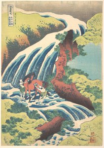 „Vodopád, u kterého Yoshitsune umyl svého koně v Yoshinu v provincii Yamato“, ze série „Prohlídka vodopádů v různých provinciích“ od Katsushika Hokusai