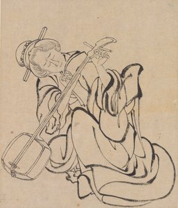Tuning the Samisen, konec 18.-začátek 19. století. od Katsushika Hokusai