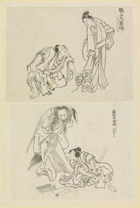Dvě jevištní scény, jedna s mužem a ženou a jedna s mužem a liškou od Katsushika Hokusai