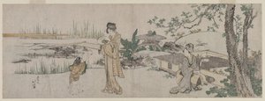 Dvě ženy a dítě vedle nádrže na zlaté rybky od Katsushika Hokusai