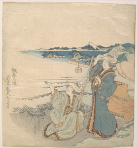 Dvě mladé dámy na břehu; jedna z nich ukazuje prstem od Katsushika Hokusai