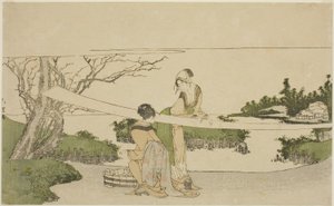 Dvě ženy natahování látky od Katsushika Hokusai