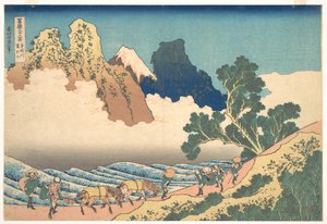 Pohled na horu Fuji z druhé strany od řeky Minobu (Minobugawa ura Fuji), ze série „Třicet šest pohledů na horu Fuji“ (Fugaku sanjūrokkei) od Katsushika Hokusai
