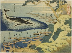 Lov velryb u pobřeží ostrovů Goto (Goto kujira tsuki), ze série „Tisíc obrázků oceánu (Chie no umi)“ od Katsushika Hokusai