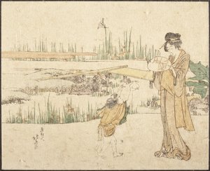 Žena a dítě v zahradě; fragment obrazu „Prodejce zlatých rybek“ od Katsushika Hokusai