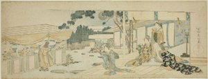 Ženy na verandě se dívají na dívku trhající květiny od Katsushika Hokusai