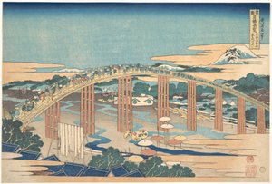 Most Yahagi v Okazaki na cestě Tōkaidō (Tōkaidō Okazaki Yahagi no hashi), ze série „Pozoruhodné pohledy na mosty v různých provinciích“ (Shokoku meikyō kiran) od Katsushika Hokusai