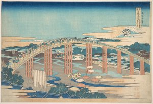 Most Yahagi v Okazaki na silnici Tōkaidō (Tōkaidō Okazaki Yahagi no hashi), ze série „Pozoruhodné pohledy na mosty v různých provinciích“ (Shokoku meikyō kiran)