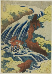 Vodopád Yoshitsune v Yoshino v provincii Yamato (Washu Yoshino Yoshitsune uma arai no taki) ze série "A Tour of Waterfalls in Various Provinces (Shokoku taki meguri)". od Katsushika Hokusai