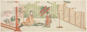 Mladá dívka tančí na šlechtickém sídle od Katsushika Hokusai