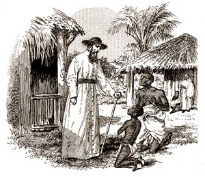 Katolický misionář v Africe praktikující konverzi na dítěti a jeho otci, kolem roku 1900 (rytina) od 