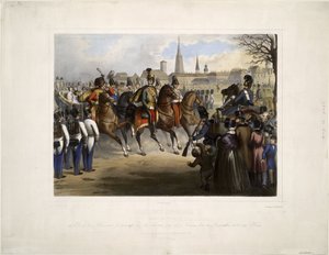 Mikuláš I. Ruský jako vrchní plukovník 9. husarského pluku "Graf Nadasdy"" na Glacis ve Vídni dne 30. prosince 1845 - Katzler, Vinzenz (1823-1882) - 1846 - Barevná litografie - 39x50,4 - Private Sbírka od Katzler Katzler