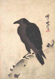 Vrána odpočívá na dřevěném kmeni, polovina konce 19. století. od Kawanabe Kyosai