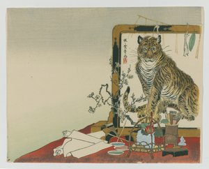 Standing Screen (Tsuitate) of a Tiger, 1878 (dřevěný barevný tisk) od Kawanabe Kyosai