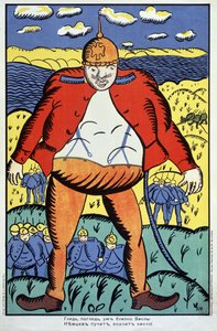 Podívejte, Visla není daleko... (Podívejte, Visla není daleko...). První světová válka (1914-1918), gigantický německý voják s rozepnutou bundou a špičatou helmou, následovaný zbytkem svých jednotek, v Polsku, po konfrontaci od Kazimir Severinovich Malevich