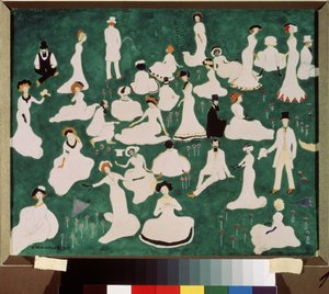 Relaxace. Vysoká společnost v cylindrech. (Odpočinek. Vysoká společnost v cylindrech). Scéna zábavy a relaxace na trávníku v parku. Dílo Kasimira Severinoviče Malevitche (Malevich, Malevic) (1878-1935), akvarel, kvaš a tuš na od Kazimir Severinovich Malevich