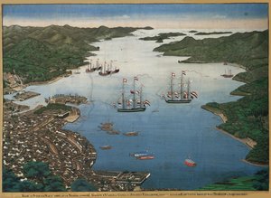 Ostrov Deshima v zálivu Nagasaki s loděmi Vasco da Gama a Johanna..., cca 1825.