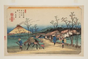 č. 4, stanice Urawa: Pohled do dálky na horu Asama (Urawa shuku, Asamayama enb?) (barevný dřevořez) od Keisai Eisen