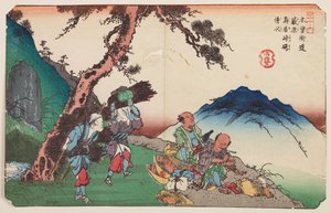 Yabuhara, cestující a ženy s chrastím, tabule 36 ze série: Šedesát devět stanic Kisokaidó - Kisokaido rokujukyu tsugi-no uchi od Keisai Eisen