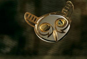 Moche; pohřby; Huaca Dos Cabezas-Jecetepeque,Zlatý ornament sovího nosu od Kenneth Garrett