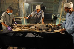 Mumie matky krále Tuta připravená ke zkoumání. DNA prokázala, že tato nejmenovaná mu..., 2005 (foto) od Kenneth Garrett