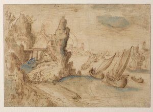 Imaginární pobřežní scéna s rybářskými plavidly, 1575-1633