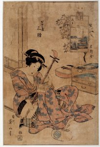 Umění Japonsko: hudebník. Grafiky Eizana Kikugawy (1787-1867) Rennes z 18. století, Musee des Beaux Arts