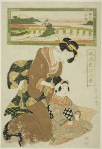 Evening Glow at Seta (Seta sekisho), ze série "Módních osm pohledů na Omi (Furyu Omi hakkei)" od Kikukawa Eizan