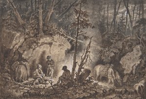 Lovci odpočívající v noci v lese, 1830-60. od Kilian Christoffer Zoll