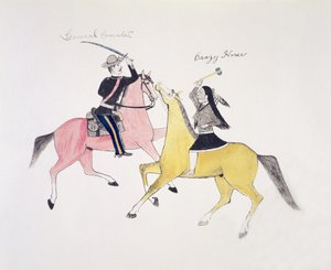 Symbolické zobrazení konfliktu mezi indiány a bělochy v podání jejich dvou nejslavnějších vůdců, generála Custera a Crazy Horse (pigment na plátně)