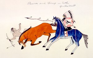 Unhorsing of a Pawnee warrior by Dakota Sioux warrior Zintka Mato Dog Bear, c1889-1927.