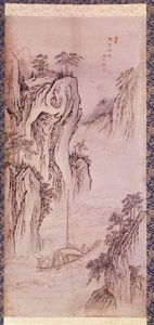 Art coreen: návrat Mu-i. Krajina Coreen s lodí a strmým útesem. Tisk Kim Hong do nebo Danwon (1745-cca 1806). 1760. Sbírka Hyung Pil Chun.