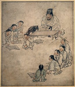 Školní třída. Obraz od Danwona (Kim Hongdo) (1745-1806), tuš na papíře, umění Coreen, období Joseon (Choson) 18. stol. Národní muzeum Koreje, Soul (Jižní Korea).