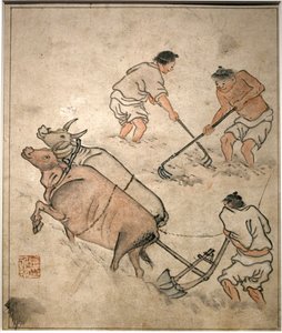 Zemědělská pracovní scéna. Obraz od Danwona (Kim Hongdo) (1745-1806), tuš na papíře, umění Coreen, období Joseon (Choson) 18. stol. Národní muzeum Koreje, Soul (Jižní Korea).