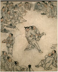 Scéna tradičního zápasu s diváky a prodavačem cukrovinek. Obraz od Danwona (Kim Hongdo) (1745-1806), tuš na papíře, umění Coreen, období Joseon (Choson) 18. stol. Národní muzeum Koreje, Soul (Jižní Korea).