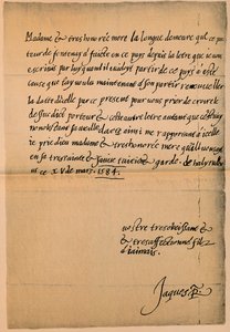 Dopis krále Jakuba VI. 1566-1625 jeho matce, královně Marii 1542-1587, 1584-5 od King James I