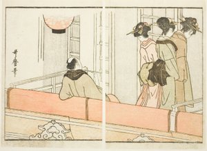 Lóže v divadle Kabuki, z ilustrované knihy "Průvodce po hereckých šatnách (Yakusha gakuya tsu)". od Kitagawa Utamaro