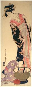 Kurtizána a její obsluha od Kitagawa Utamaro