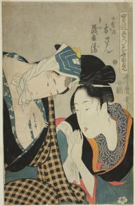 Zkouška dovednosti - prameny lásky (Jitsu kurabe iro no minakami): Osan a Mohei (barevný dřevoryt; oban) od Kitagawa Utamaro