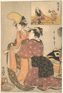Žena oblékající dívku pro kabuki tanec „Musume Dōjōji“ s „bratrským obrazem“ (E-kyōdai) cvičitele opic od Kitagawa Utamaro