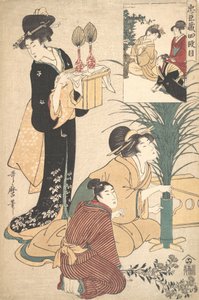 Žena a muž aranžující květiny pro festival Měsíce Tsukimi, 1802. od Kitagawa Utamaro