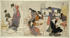 Umělec, Block Carver, Applying Sizing, ze série The Cultivation of Brocade Prints, A Famous Product of Edo, c.1803 od Kitagawa Utamaro