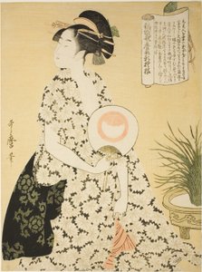 Kráska v letním kimonu ze série „Nové vzory brokátu tkané ve stylu Utamaro“ („Nishiki-ori Utamaro-gata-shinmoyo“) od Kitagawa Utamaro