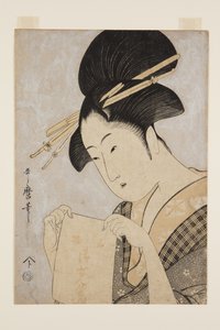 Kráska s ručníkem na ruce (barevný dřevěný potisk) od Kitagawa Utamaro