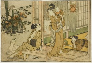 Bon Festival Lucerny a prodejce rostlin, z ilustrované knihy "Obrázková kniha: Květiny čtyř ročních období (Ehon shiki no hana)," sv. 2 od Kitagawa Utamaro