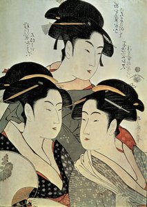 Detailní záběr na obraz tří žen, Kitagawa Utamaro, éra Kansei, Japonsko od Kitagawa Utamaro