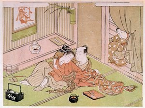 Pár se mazlí pod pohledem japonského tisku Utamaro Kitagawy (1753-1806). 18. století. Paříž, Guimetovo muzeum, Národní muzeum asijského umění od Kitagawa Utamaro